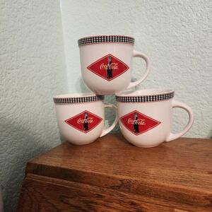VTG Coca-Cola Coffee Mug Set 3 Checkered Border Diamond Coke By Gibson 2003